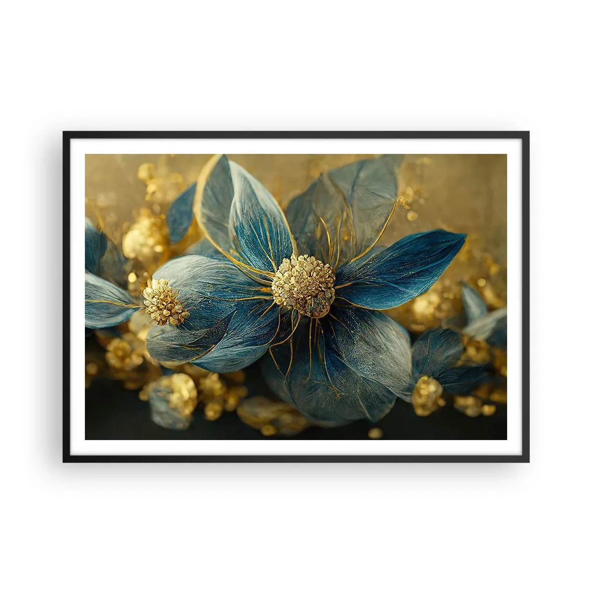 Affiche dans un cadre noir - Poster - Fleurs élégantes dans des tons de bleu et d'or - 100x70cm - Fleurir avec de l'or - Décoration murale moderne pour le salon et la chambre ARTTOR