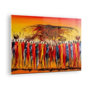 Impression sur verre - Image sur verre - Une scène colorée avec des gens en costumes traditionnels africains - 70x50cm - Là-bas, là-bas, ils vont là-bas - Décoration murale moderne pour le salon et la chambre ARTTOR
