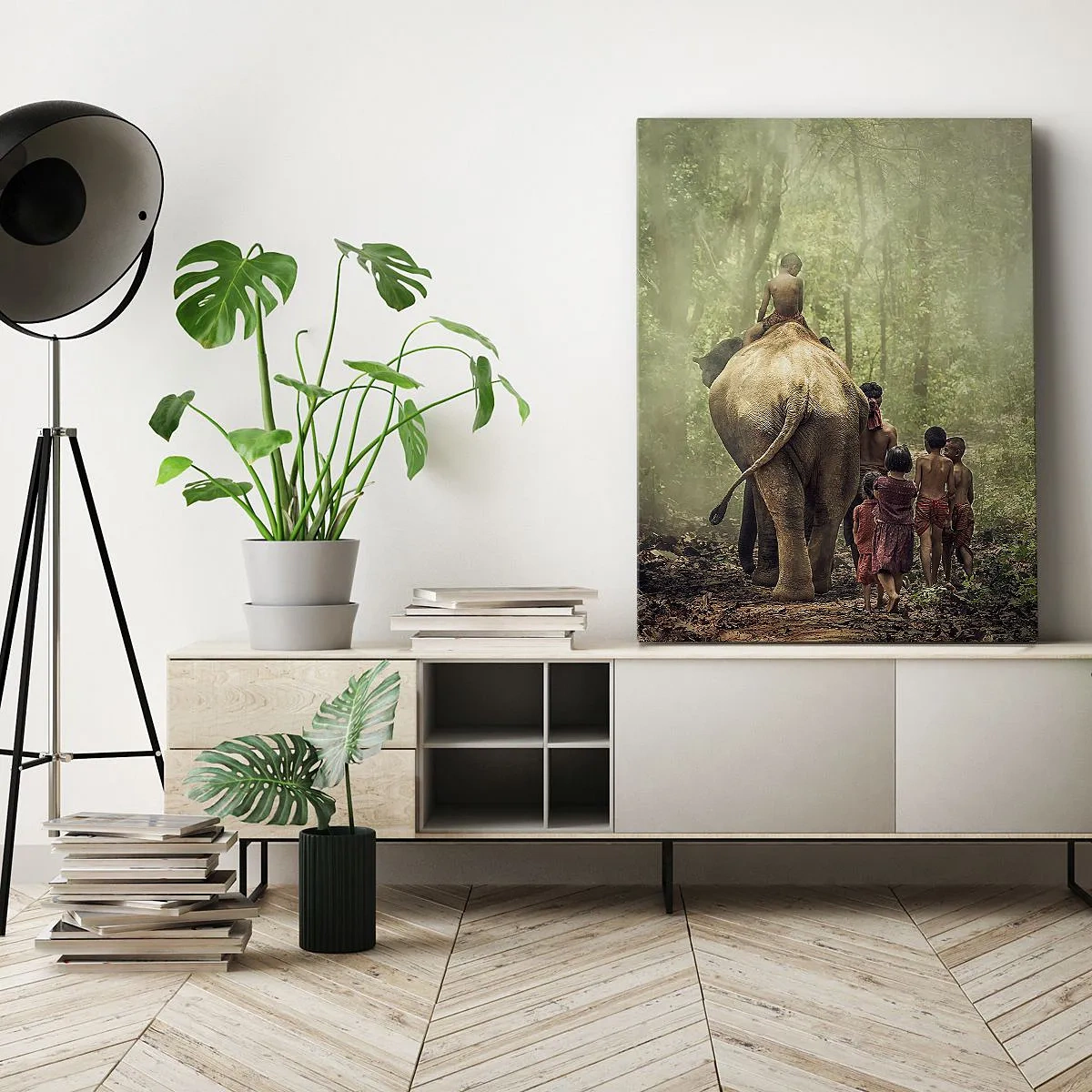 Impression sur toile - Image sur toile - Enfants avec un éléphant dans une forêt verte à la lumière du matin - 50x70cm - Nouveau livre de la jungle - Décoration murale moderne pour le salon et la chambre ARTTOR