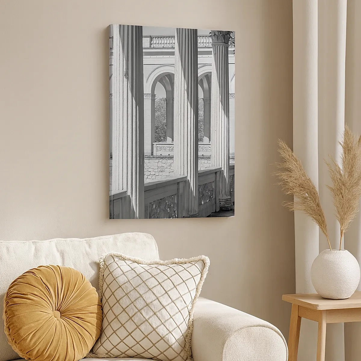 Impression sur toile - Image sur toile - Colonnade de style classique en noir et blanc - 50x70cm - Arcade ensoleillée - Décoration murale moderne pour le salon et la chambre ARTTOR
