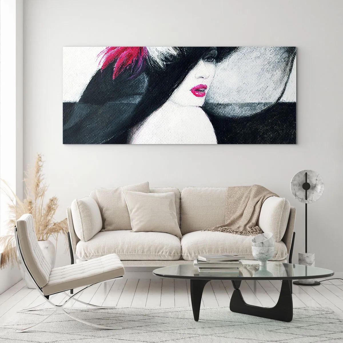 Impression sur verre - Image sur verre - Femme élégante avec un chapeau à plumes - 140x50cm - Toujours un secret - Décoration murale moderne pour le salon et la chambre ARTTOR