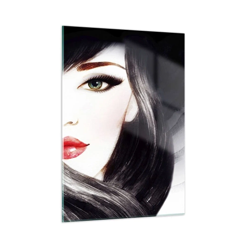 Impression sur verre - Image sur verre - Portrait d'une femme aux cheveux noirs et aux lèvres rouges expressives - 50x70cm - Aspect saphir - Décoration murale moderne pour le salon et la chambre ARTTOR