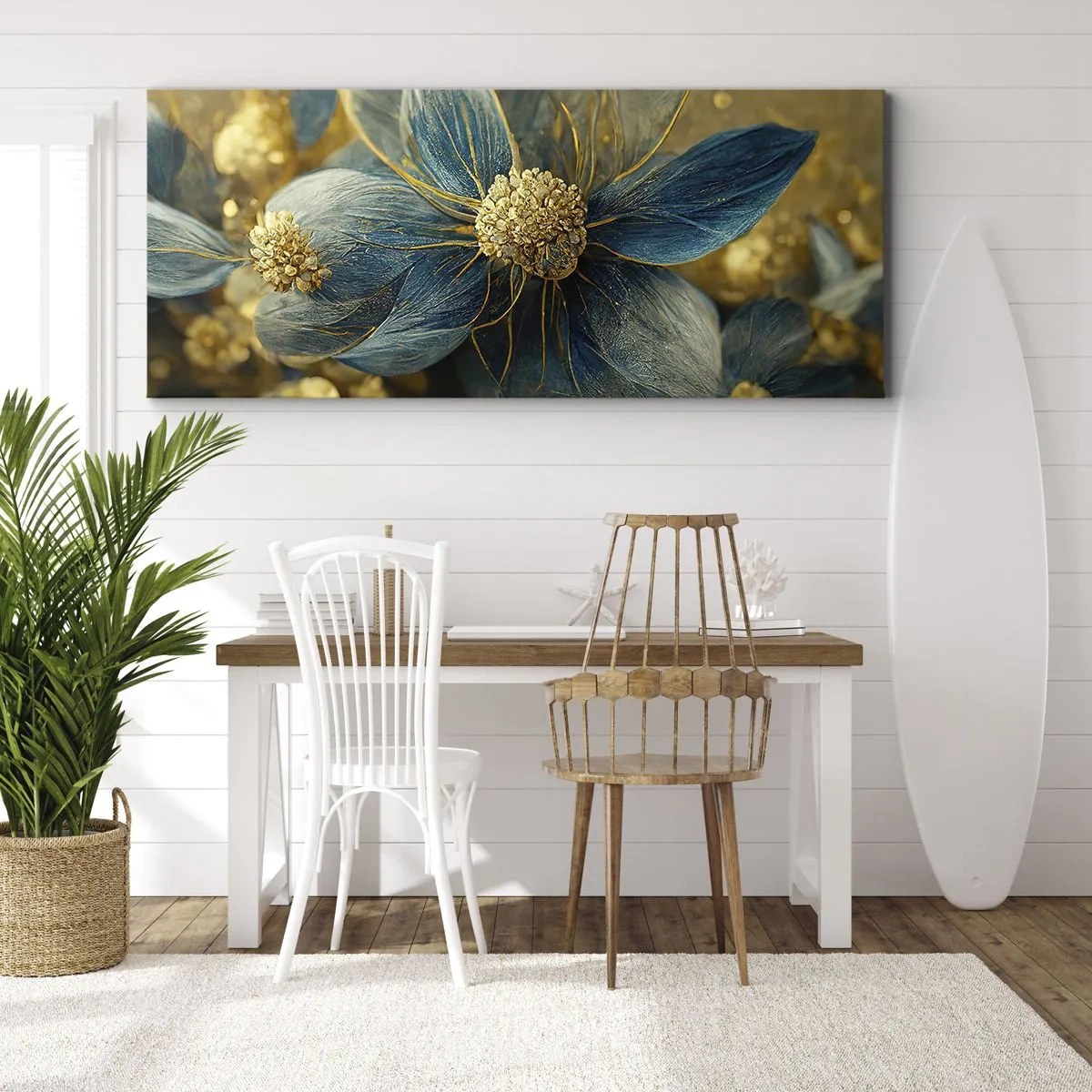 Impression sur toile - Image sur toile - Fleurs élégantes dans des tons de bleu et d'or - 120x50cm - Fleurir avec de l'or - Décoration murale moderne pour le salon et la chambre ARTTOR