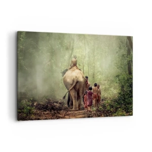 Impression sur toile - Image sur toile - Enfants avec un éléphant dans une forêt verte à la lumière du matin - 120x80cm - Nouveau livre de la jungle - Décoration murale moderne pour le salon et la chambre ARTTOR