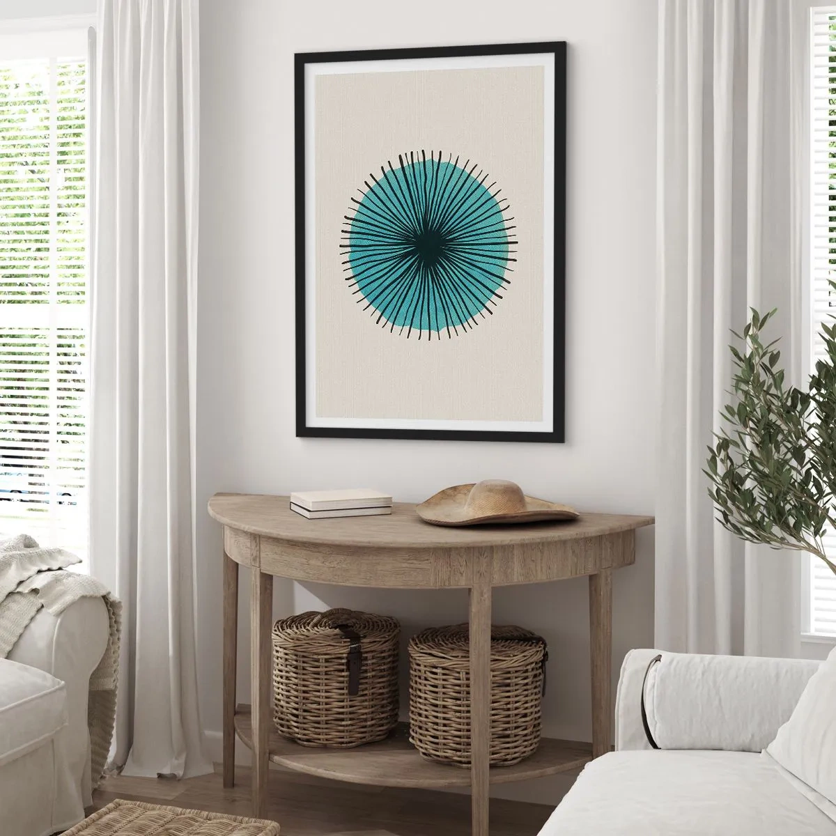 Affiche dans un cadre noir - Poster - Motif géométrique en forme de cercle radial - 50x70cm - Rayonnant dans l'azur - Décoration murale moderne pour le salon et la chambre ARTTOR