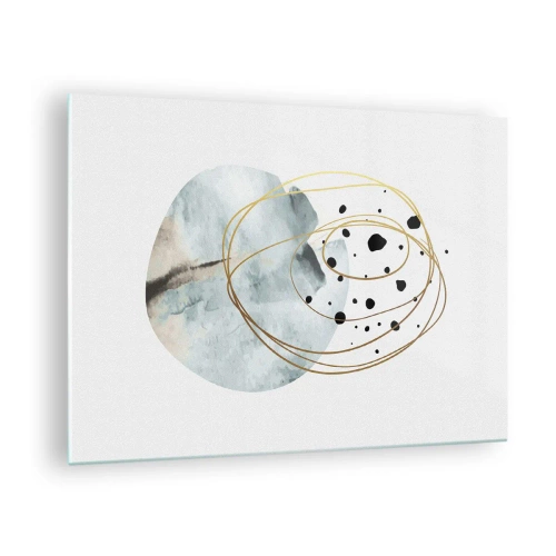 Impression sur verre - Image sur verre - Composition abstraite avec une tache bleue et des lignes dorées - 70x50cm - Emmêlement de l'espace - Décoration murale moderne pour le salon et la chambre ARTTOR