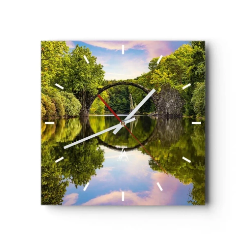 Horloge murale - Pendule murale - Un pont de pierre sur une rivière avec un reflet parfait dans l'eau - 30x30cm - À la jonction de deux mondes - Décoration murale moderne pour le salon et la chambre ARTTOR