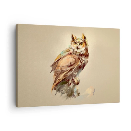 Impression sur toile - Image sur toile - Portrait artistique d'un hibou sur un fond clair dans des tons chauds. - 70x50cm - Le hibou le plus intelligent - confirmera la forêt de chênes - Décoration murale moderne pour le salon et la chambre ARTTOR