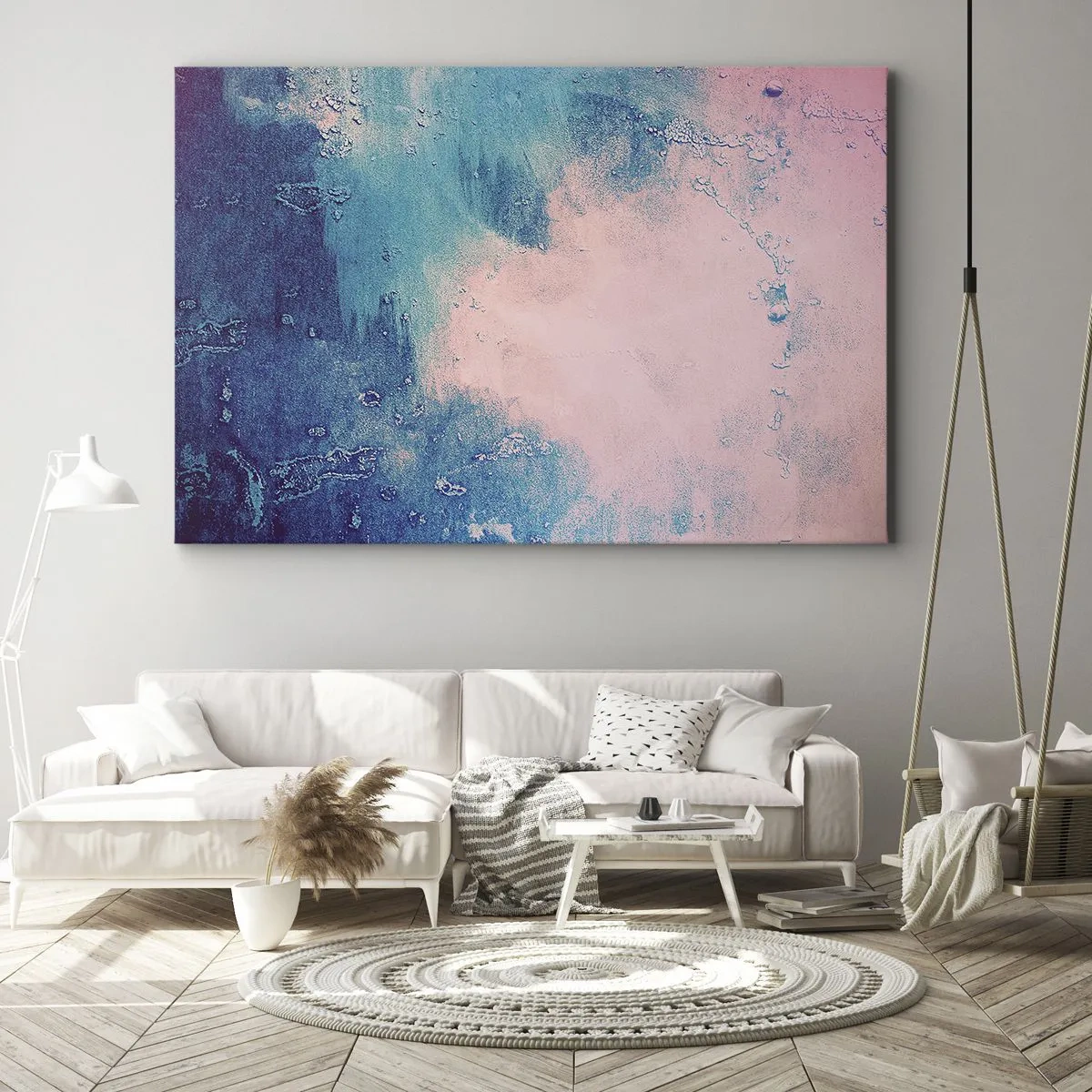 Impression sur toile - Image sur toile - Texture abstraite dans les tons de rose et de bleu - 70x50cm - Etreintes bleues - Décoration murale moderne pour le salon et la chambre ARTTOR