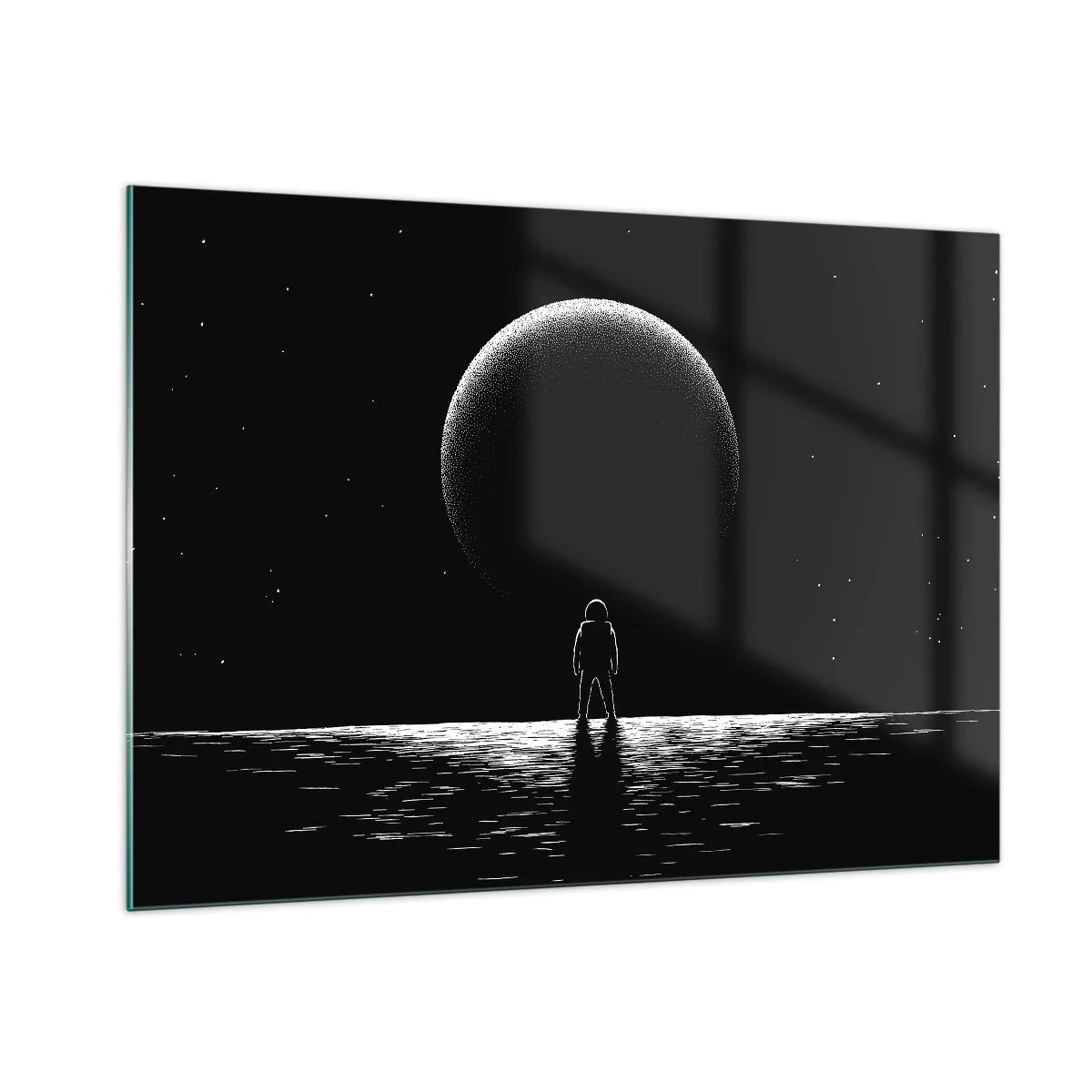 Impression sur verre - Image sur verre - Astronaute debout devant une planète en noir et blanc - 100x70cm - Face à face - Décoration murale moderne pour le salon et la chambre ARTTOR