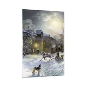 Impression sur verre - Image sur verre - Paysage d'hiver dans une ville russe avec un traîneau et une église - 80x120cm - La magie de l'hiver russe - Décoration murale moderne pour le salon et la chambre ARTTOR