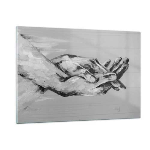 Impression sur verre - Image sur verre - Peinture en noir et blanc de deux mains se tendant l'une vers l'autre - 120x80cm - Début... - Décoration murale moderne pour le salon et la chambre ARTTOR