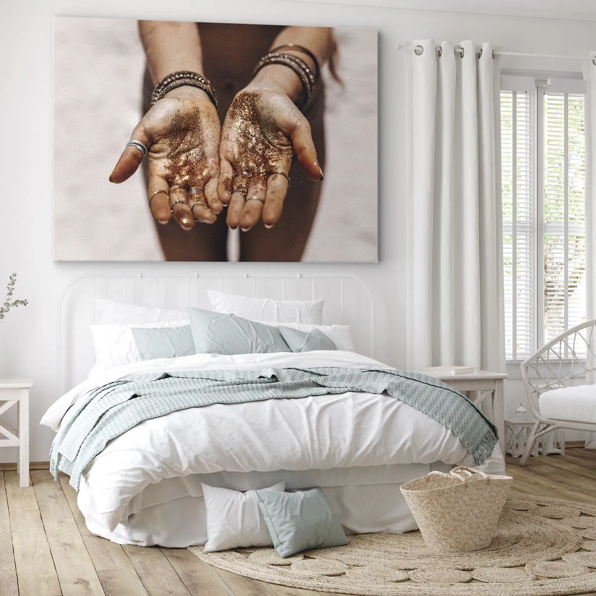 Impression sur toile - Image sur toile - Gros plan des mains avec des paillettes dans des tons chauds - 120x80cm - Un don pour vous - Décoration murale moderne pour le salon et la chambre ARTTOR