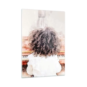Impression sur verre - Image sur verre - Un enfant aux cheveux bouclés jouant du piano - 50x70cm - Dans un nouveau monde - Décoration murale moderne pour le salon et la chambre ARTTOR