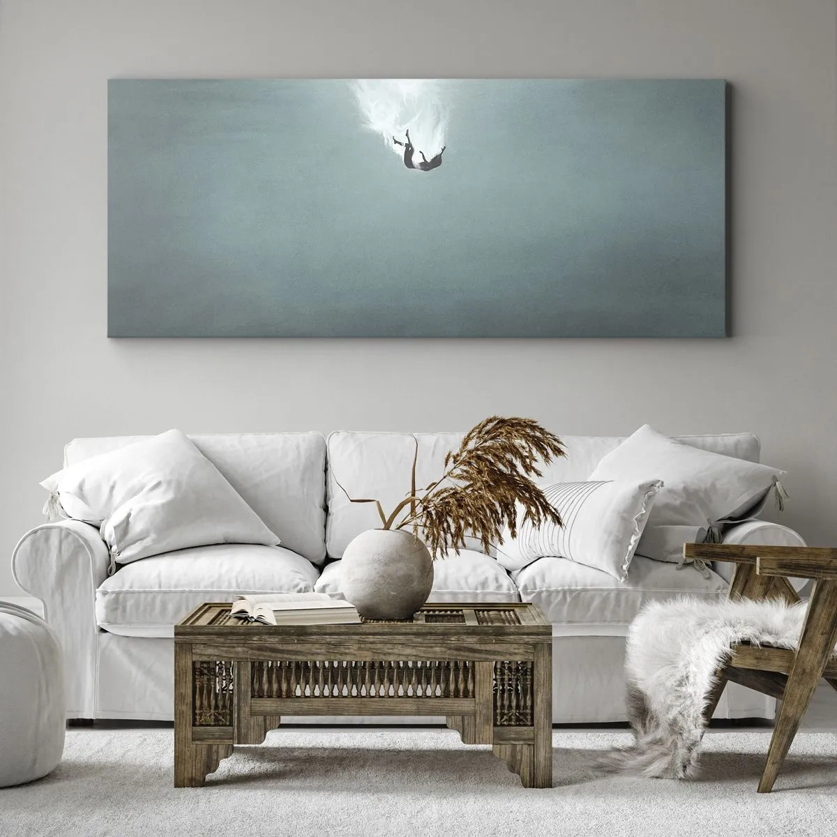 Impression sur toile - Image sur toile - Une silhouette immergée dans une eau turquoise profonde - 140x50cm - Dans les bras de l'océan - Décoration murale moderne pour le salon et la chambre ARTTOR