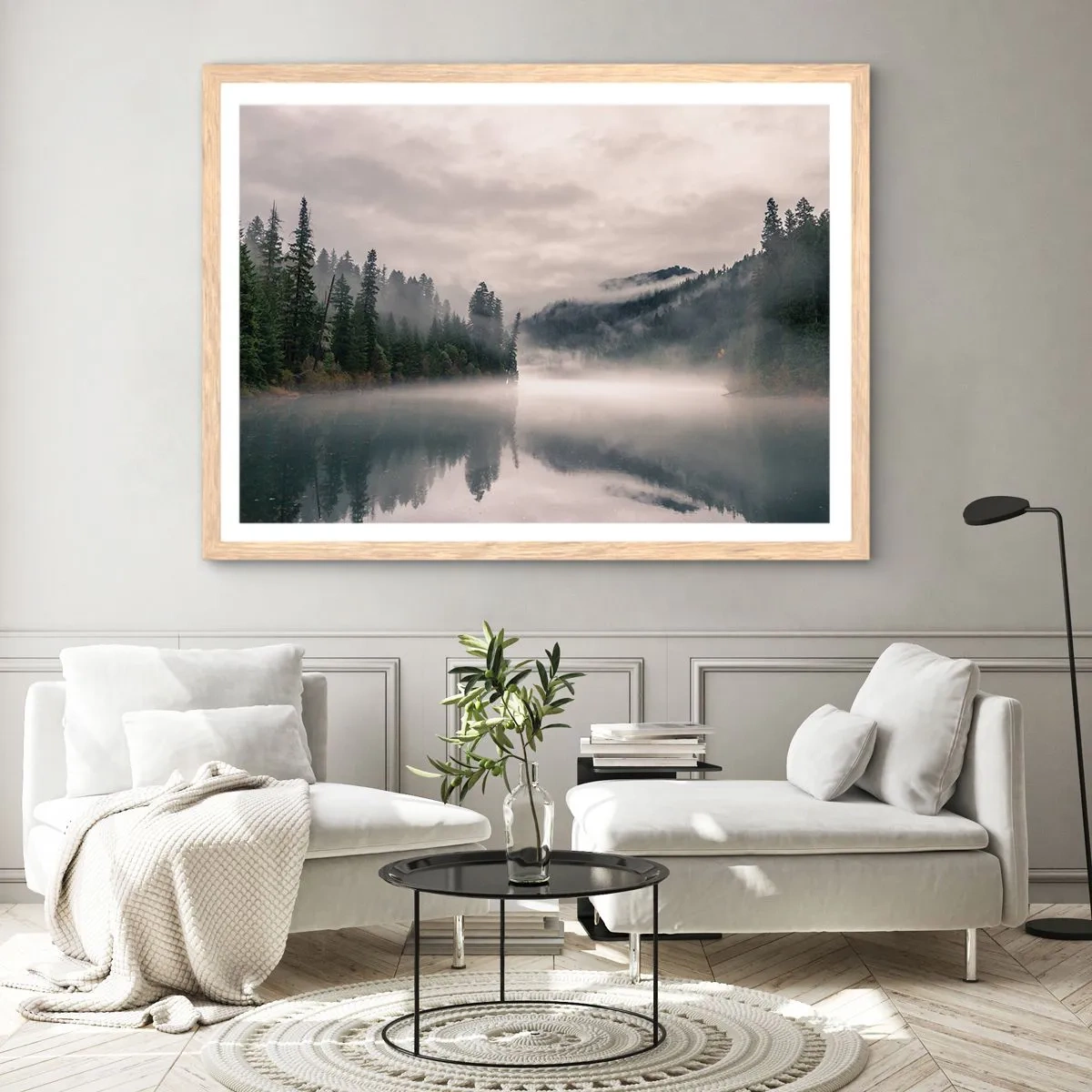 Affiche dans un chêne clair - Poster - Reflet dans le brouillard - 70x50 cm