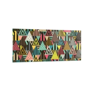 Impression sur verre - Image sur verre - Motif géométrique coloré avec des triangles et des lignes - 120x50cm - En rythme de trois - Décoration murale moderne pour le salon et la chambre ARTTOR