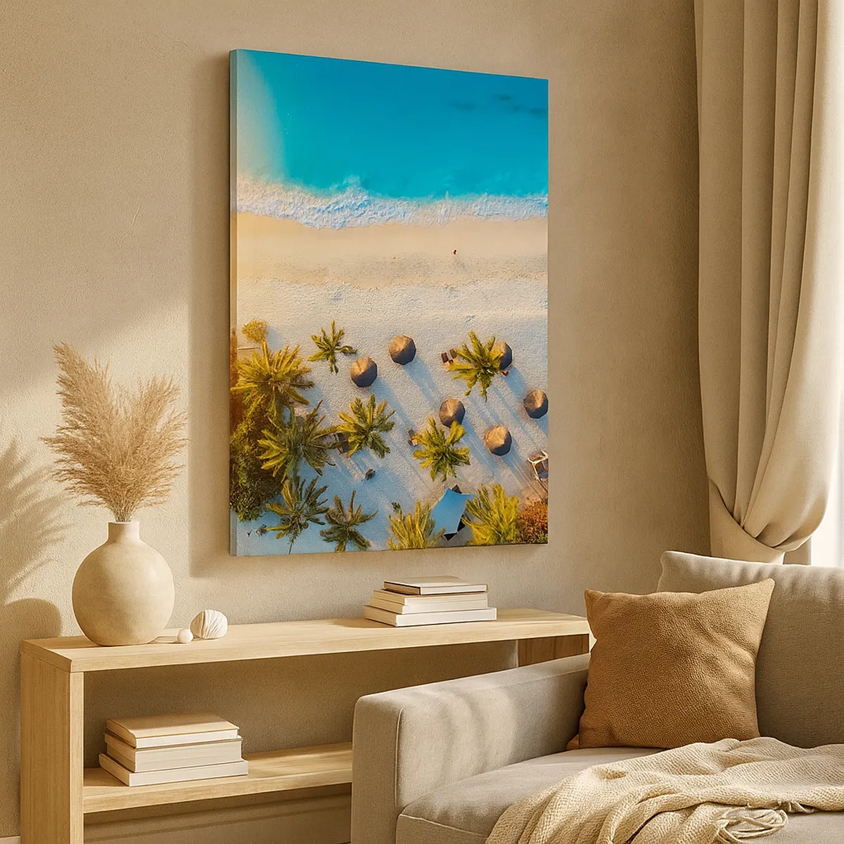 Impression sur toile - Image sur toile - Vue d'une plage tropicale avec des palmiers et une mer turquoise - 50x70cm - Bienvenue au paradis - Décoration murale moderne pour le salon et la chambre ARTTOR