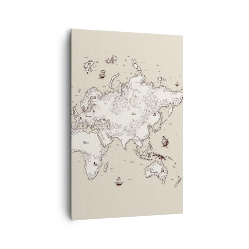 Impression sur toile - Image sur toile - Une carte stylisée du monde dans des tons beige et marron. - 80x120cm - Voyage autour du monde - Décoration murale moderne pour le salon et la chambre ARTTOR