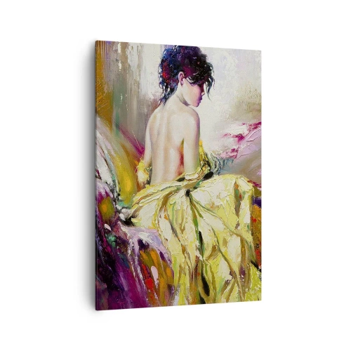 Impression sur toile - Image sur toile - Une scène picturale d'une femme sur un lit dans une atmosphère romantique - 70x100cm - Entre les lèvres et le bord de la tasse - Décoration murale moderne pour le salon et la chambre ARTTOR