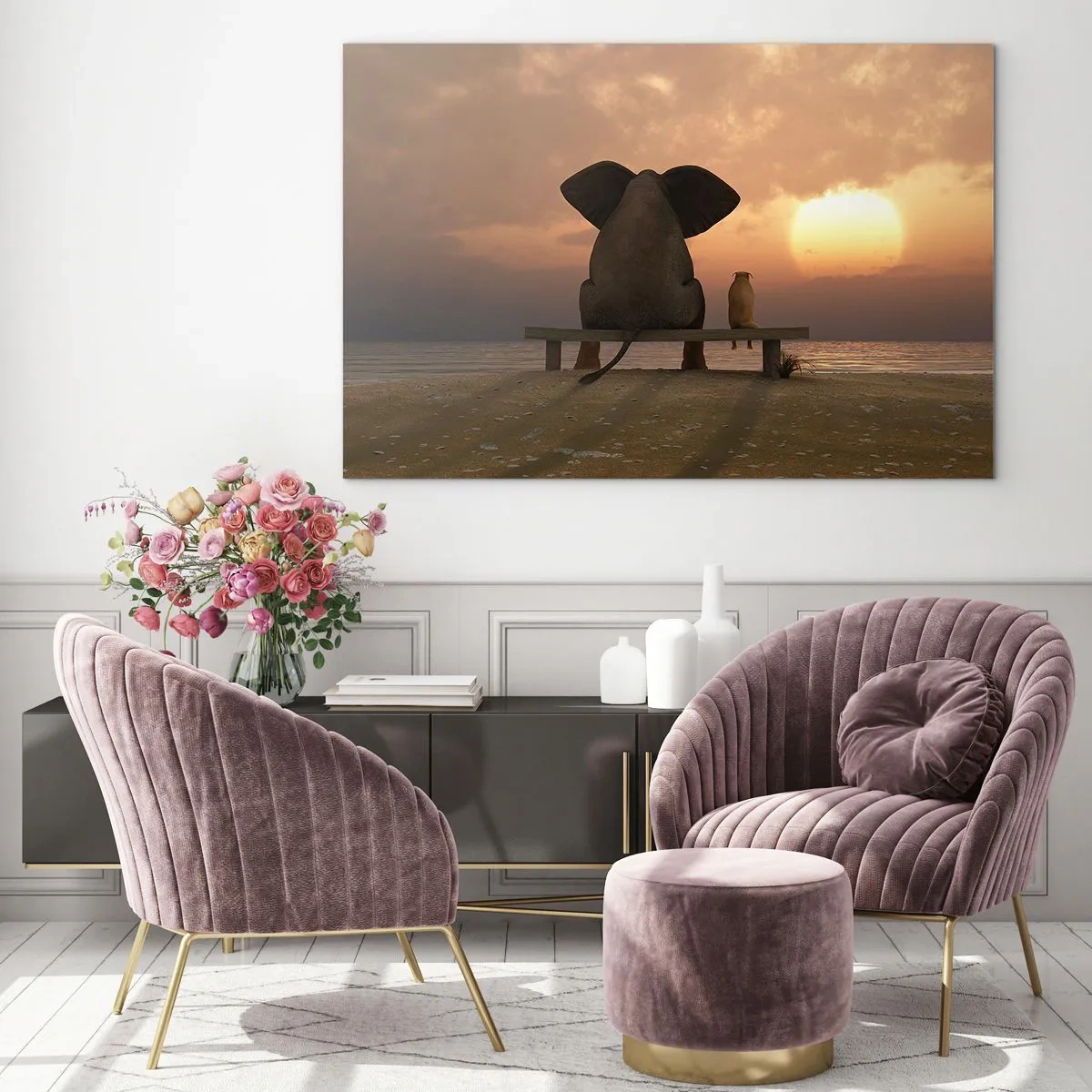 Impression sur verre - Image sur verre - Éléphant et chien sur un banc au coucher du soleil - 70x50cm - C'est bon de garder le silence ensemble - Décoration murale moderne pour le salon et la chambre ARTTOR