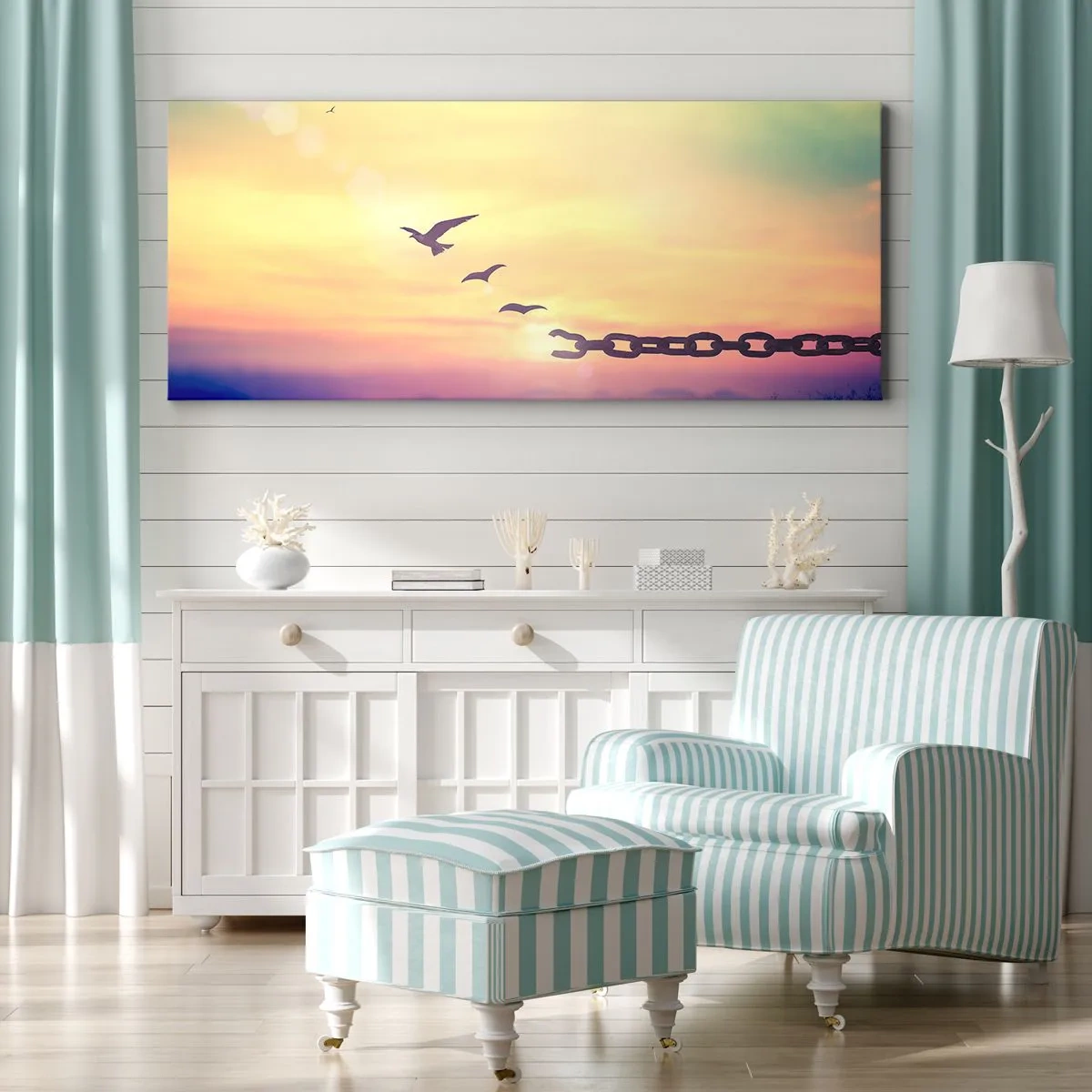 Impression sur toile - Image sur toile - Symbole de liberté avec des oiseaux et une chaîne brisée - 120x50cm - La victoire de la liberté - Décoration murale moderne pour le salon et la chambre ARTTOR