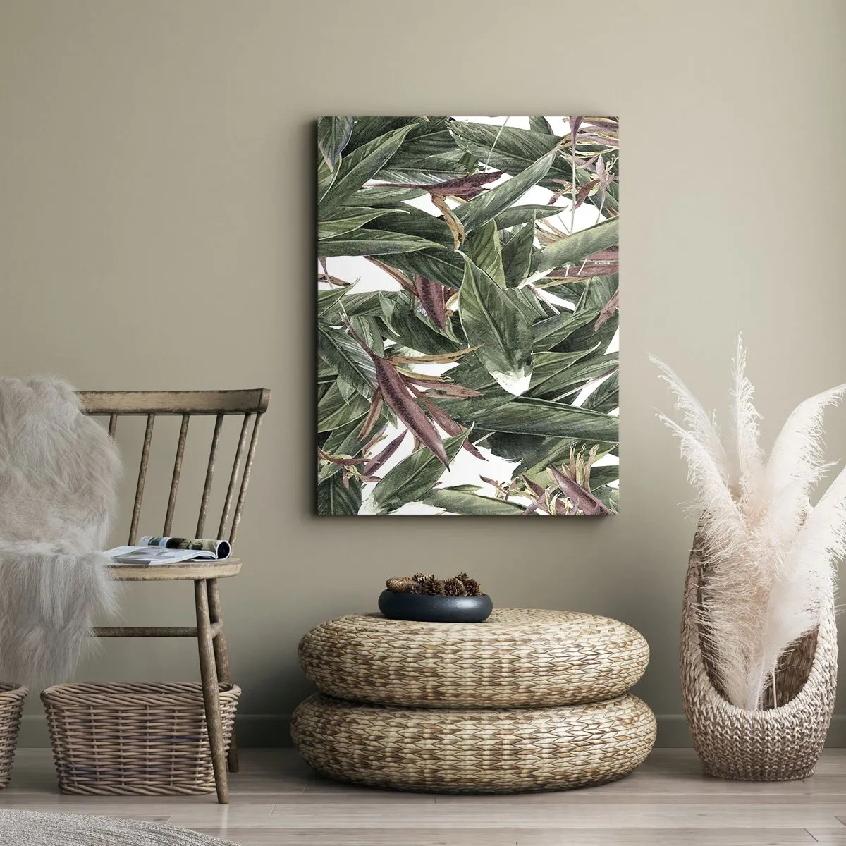 Impression sur toile - Image sur toile - Un motif de feuille décoratif dans des tons de vert et de bordeaux sur un fond clair - 50x70cm - Arbuste émeraude-lilas - Décoration murale moderne pour le salon et la chambre ARTTOR