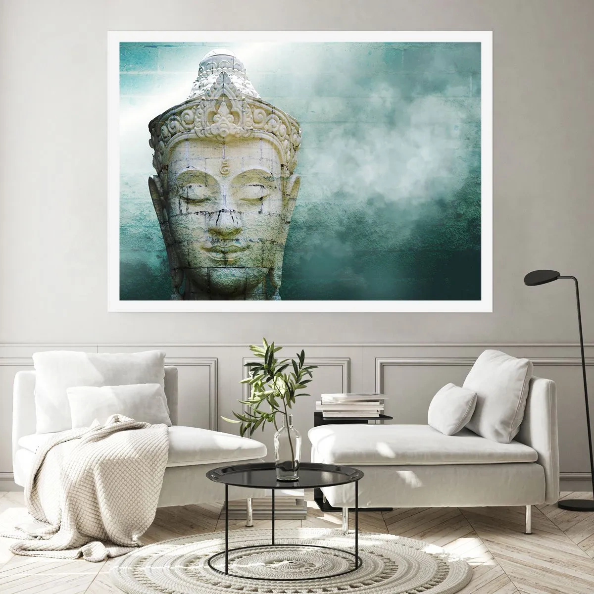 Affiche - Poster - Statue de Bouddha avec une douce brume sur un fond vert - 100x70cm - A la recherche de la lumière - Décoration murale moderne pour le salon et la chambre ARTTOR