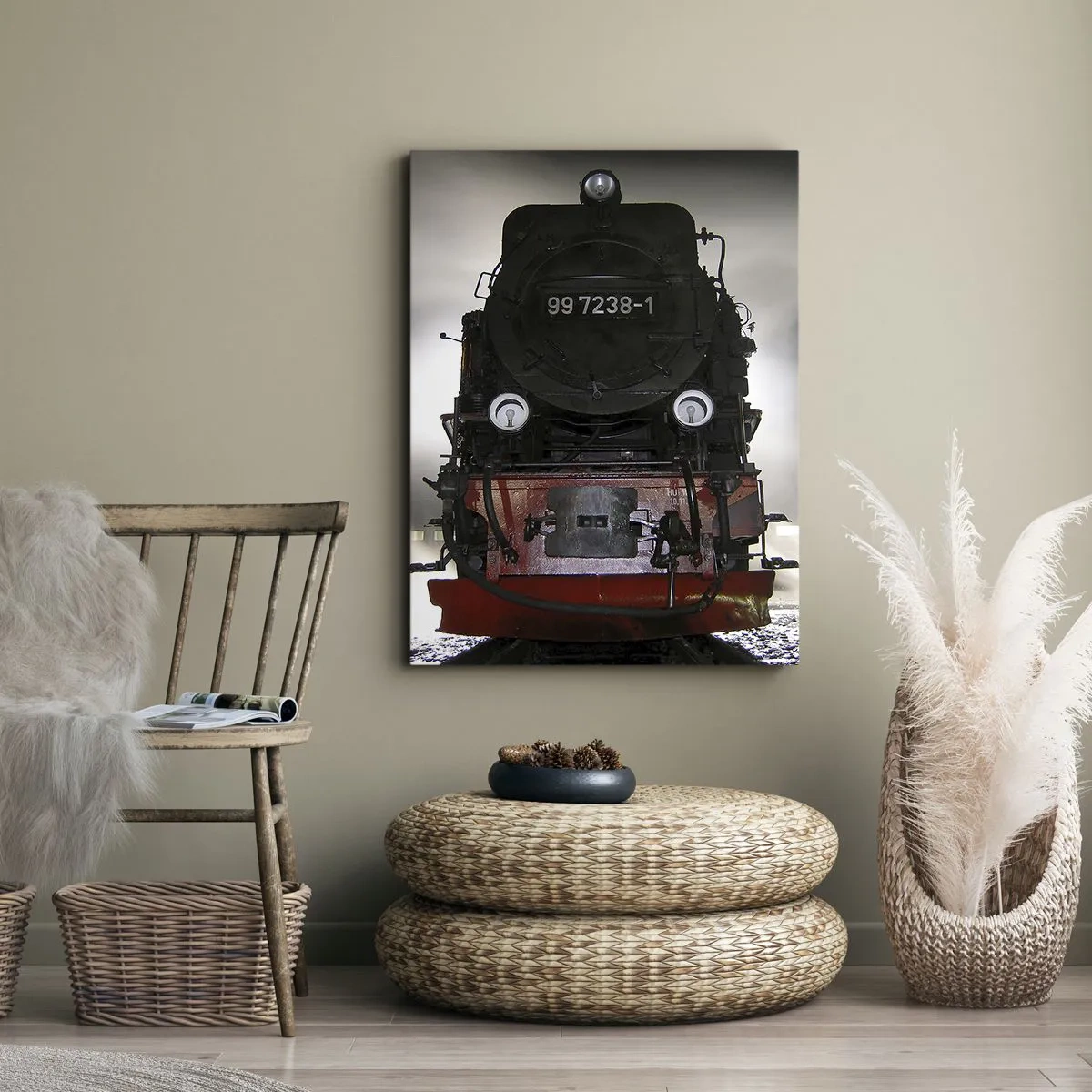 Impression sur toile - Image sur toile - Une locomotive à vapeur entourée de vapeur sur un ciel sombre dans un décor atmosphérique - 80x120cm - Il se lève et siffle, halète et souffle - Décoration murale moderne pour le salon et la chambre ARTTOR