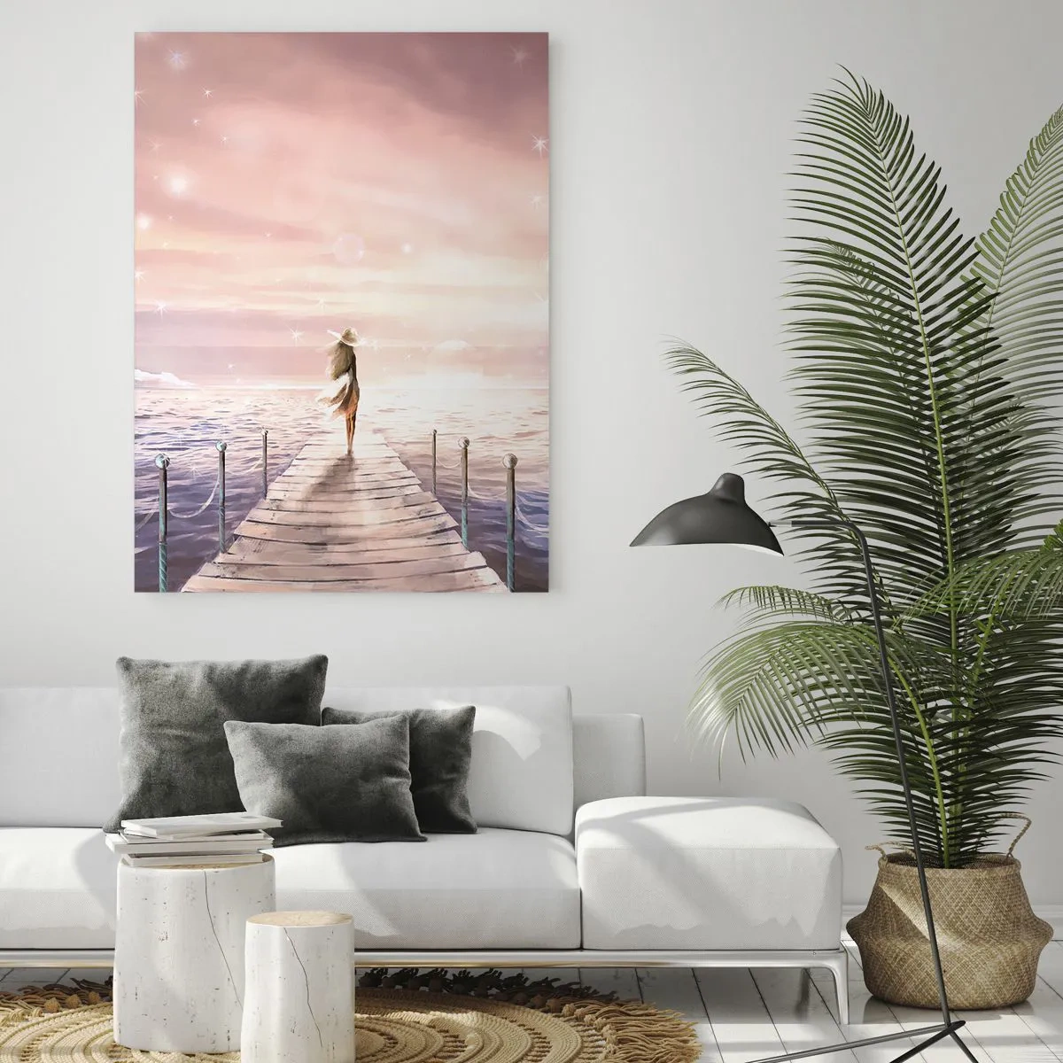 Impression sur verre - Image sur verre - Une femme sur une jetée dans un décor de coucher de soleil magique - 80x120cm - A la lumière d'un rêve - Décoration murale moderne pour le salon et la chambre ARTTOR