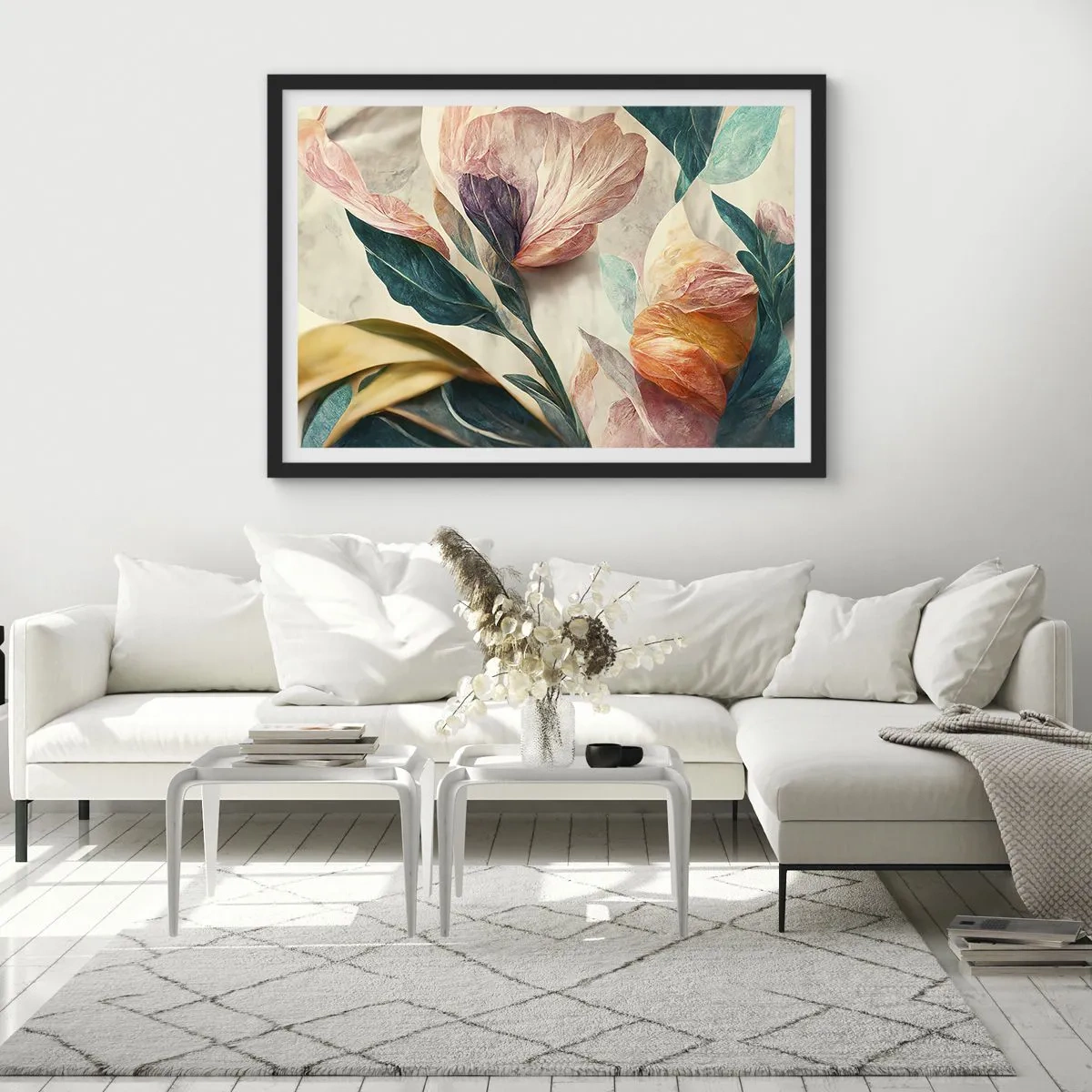 Affiche dans un cadre noir - Poster - Fleurs colorées de style tropical sur fond clair - 70x50cm - Fleurs des îles du sud - Décoration murale moderne pour le salon et la chambre ARTTOR