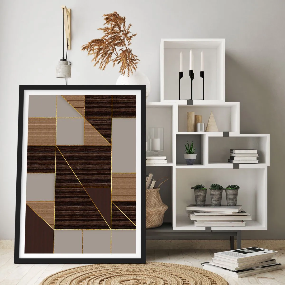 Affiche dans un cadre noir - Poster - Composition géométrique dans les tons marron et or - 50x70cm - Mozaique de bronze et d'or - Décoration murale moderne pour le salon et la chambre ARTTOR