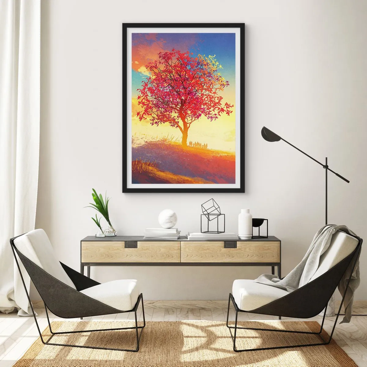 Affiche dans un cadre noir - Poster - Un arbre aux feuilles rouges sur fond de soleil couchant - 50x70cm - Pèlerin à destination - Décoration murale moderne pour le salon et la chambre ARTTOR