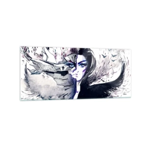 Impression sur verre - Image sur verre - Visage abstrait avec des éléments contrastés et un motif d'aile - 120x50cm - Démoniaque et belle - Décoration murale moderne pour le salon et la chambre ARTTOR