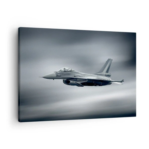 Impression sur toile - Image sur toile - Un avion de chasse en vol contre un ciel nuageux - 70x50cm - Acceptez-vous le défi? - Décoration murale moderne pour le salon et la chambre ARTTOR