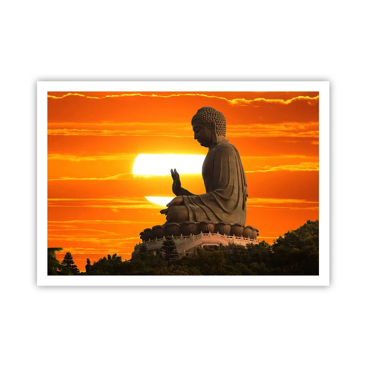Affiche - Poster - Une statue bouddhiste sur fond de coucher de soleil orange - 100x70cm - Aucune peur du monde - Décoration murale moderne pour le salon et la chambre ARTTOR