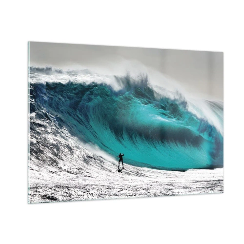 Impression sur verre - Image sur verre - Un surfeur devant une énorme vague - 100x70cm - Challenge accepté - Décoration murale moderne pour le salon et la chambre ARTTOR