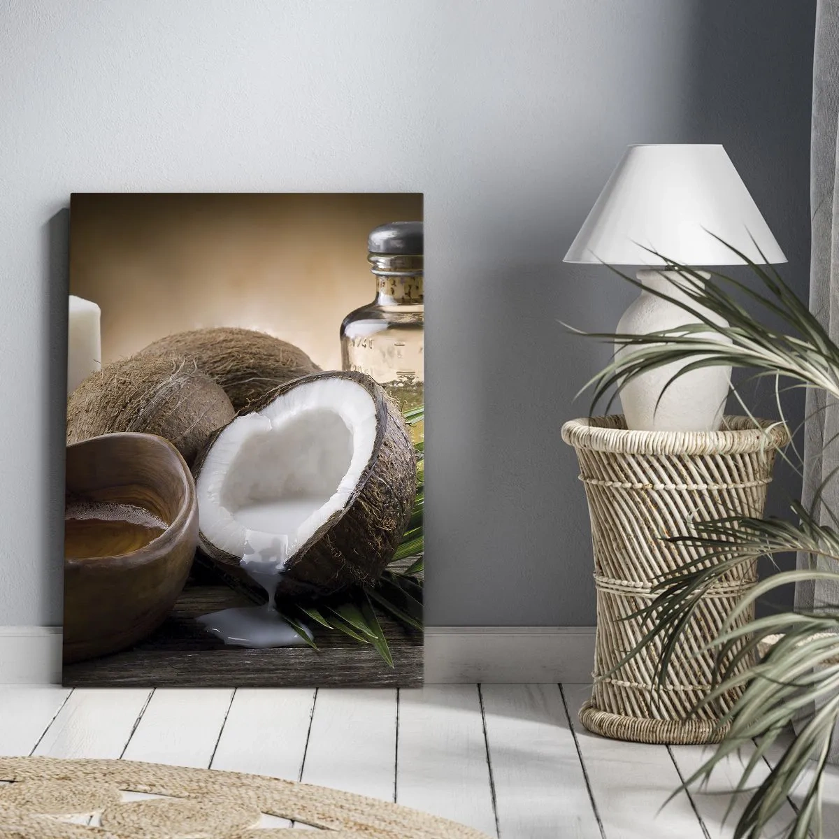 Impression sur toile - Image sur toile - Noix de coco, bougie et huile sur fond de bois - 50x70cm - Santé des îles tropicales - Décoration murale moderne pour le salon et la chambre ARTTOR