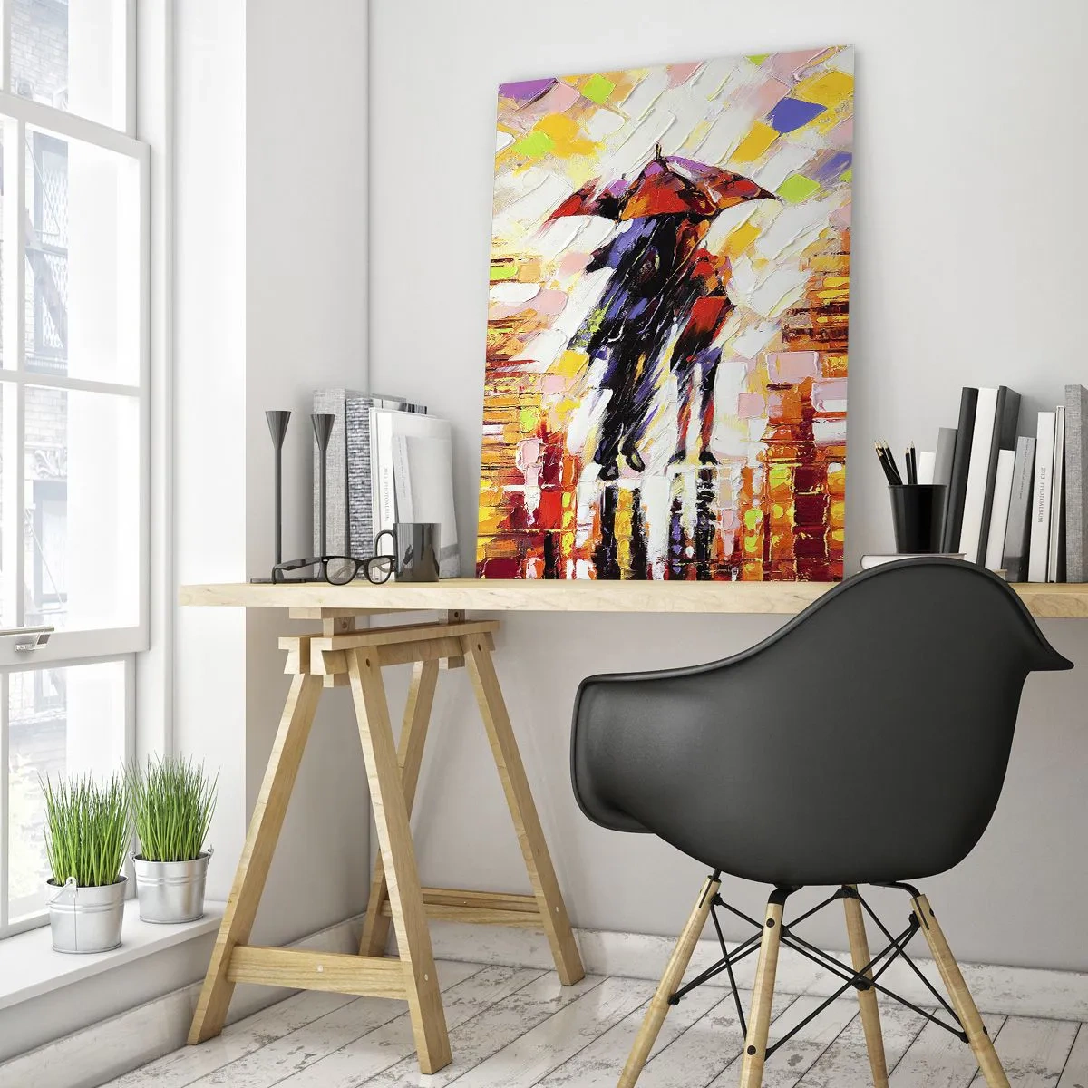 Impression sur verre - Image sur verre - Un couple sous un parapluie rouge dans une ville colorée - 50x70cm - Ensemble à travers la nuit et la pluie - Décoration murale moderne pour le salon et la chambre ARTTOR