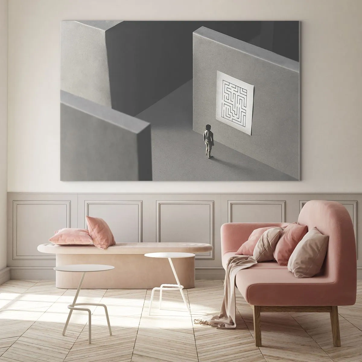 Impression sur verre - Image sur verre - Enfant dans un labyrinthe avec un symbole d'énigme - 120x80cm - Mais où suis-je? - Décoration murale moderne pour le salon et la chambre ARTTOR