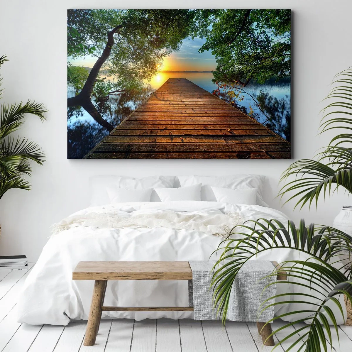 Impression sur toile - Image sur toile - Une jetée en bois entourée de verdure au coucher du soleil - 70x50cm - Prenez votre temps, asseyez-vous - Décoration murale moderne pour le salon et la chambre ARTTOR