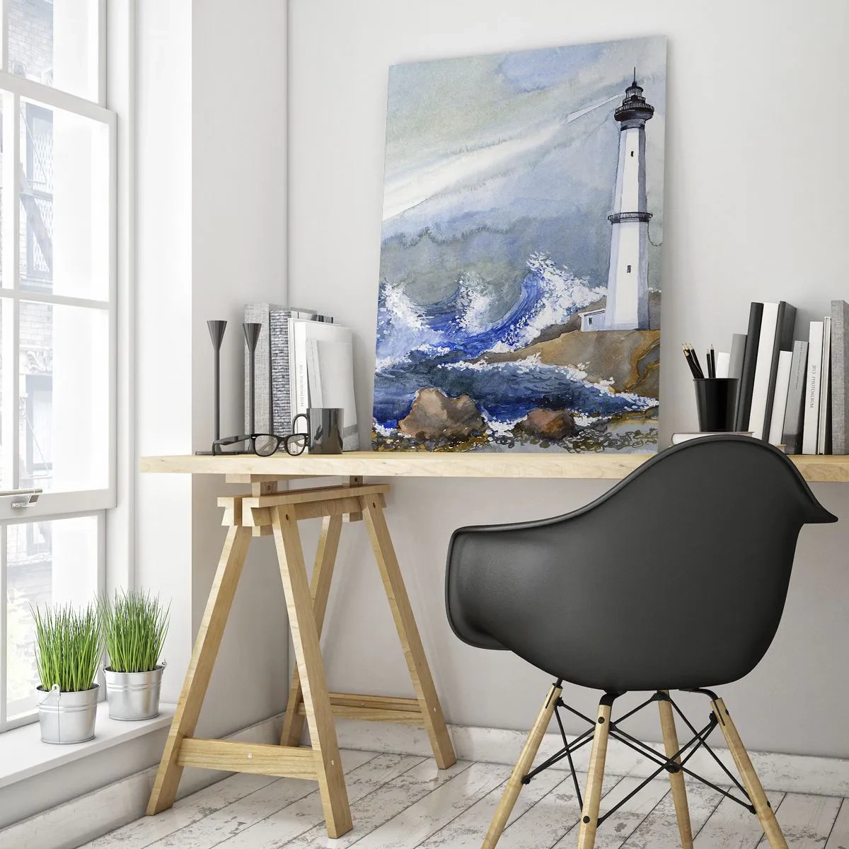 Impression sur verre - Image sur verre - Un phare au bord d'une mer agitée dans un style aquarelle - 50x70cm - Contre l'obscurité et la tempête - Décoration murale moderne pour le salon et la chambre ARTTOR