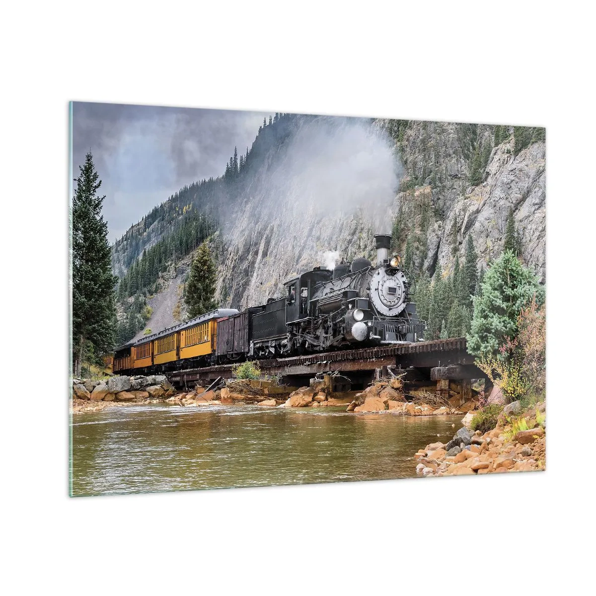 Impression sur verre - Image sur verre - Une locomotive à vapeur sur un pont dans les montagnes - 100x70cm - Et lui jusqu'où? Jusqu'où? - Décoration murale moderne pour le salon et la chambre ARTTOR