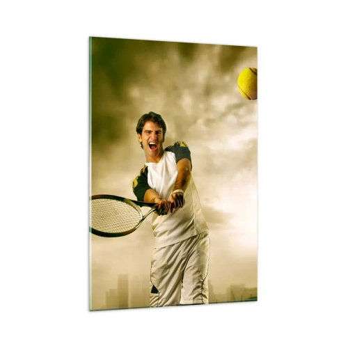 Impression sur verre - Image sur verre - Joueur de tennis en action lors d'un match avec en toile de fond un paysage urbain - 80x120cm - Énergie et joie - Décoration murale moderne pour le salon et la chambre ARTTOR