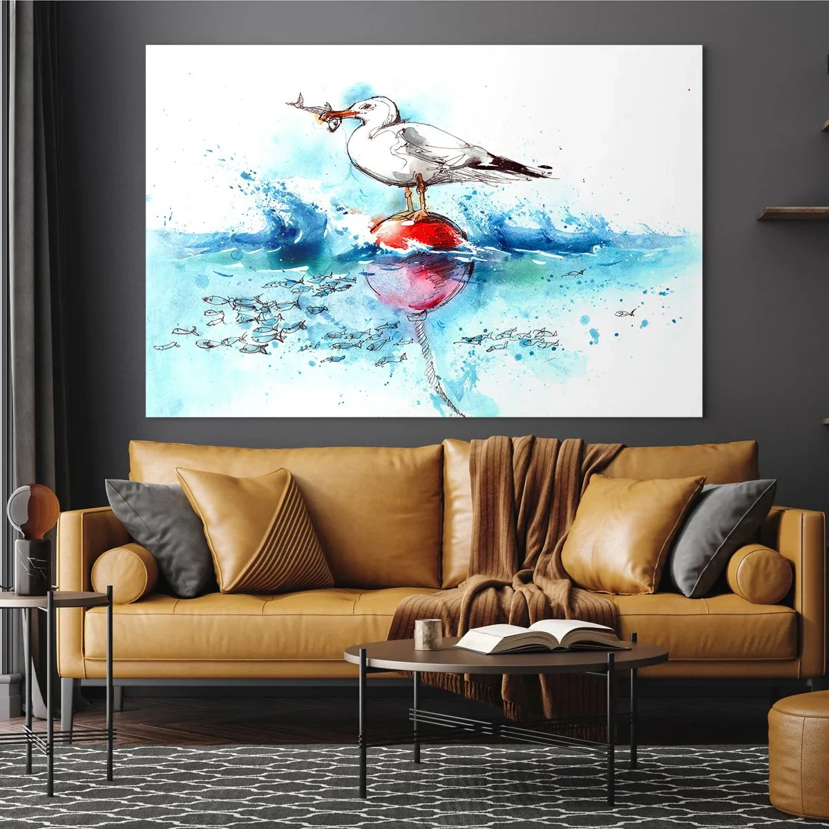 Impression sur verre - Image sur verre - Une mouette sur une bouée avec un poisson en arrière-plan des vagues de la mer - 70x50cm - Prise réussie - Décoration murale moderne pour le salon et la chambre ARTTOR