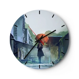 Horloge murale - Pendule murale - Une silhouette avec un parapluie dans une rue pluvieuse - 30x30cm - Pluie vivifiante - Décoration murale moderne pour le salon, la cuisine et la chambre ARTTOR