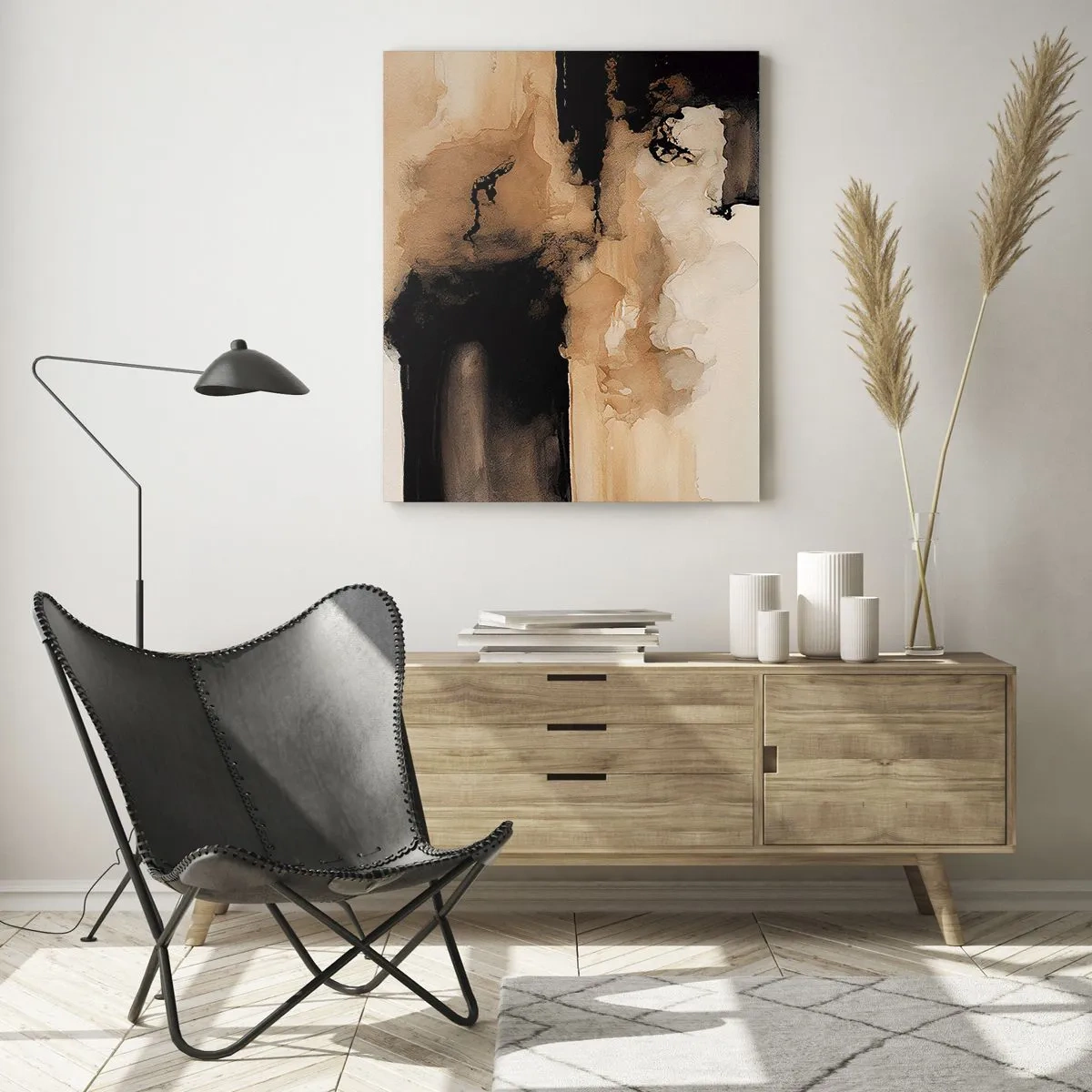 Impression sur verre - Image sur verre - Une forme abstraite en noir et marron sur fond clair - 50x70cm - Une abstraction intrigante - Décoration murale moderne pour le salon et la chambre ARTTOR