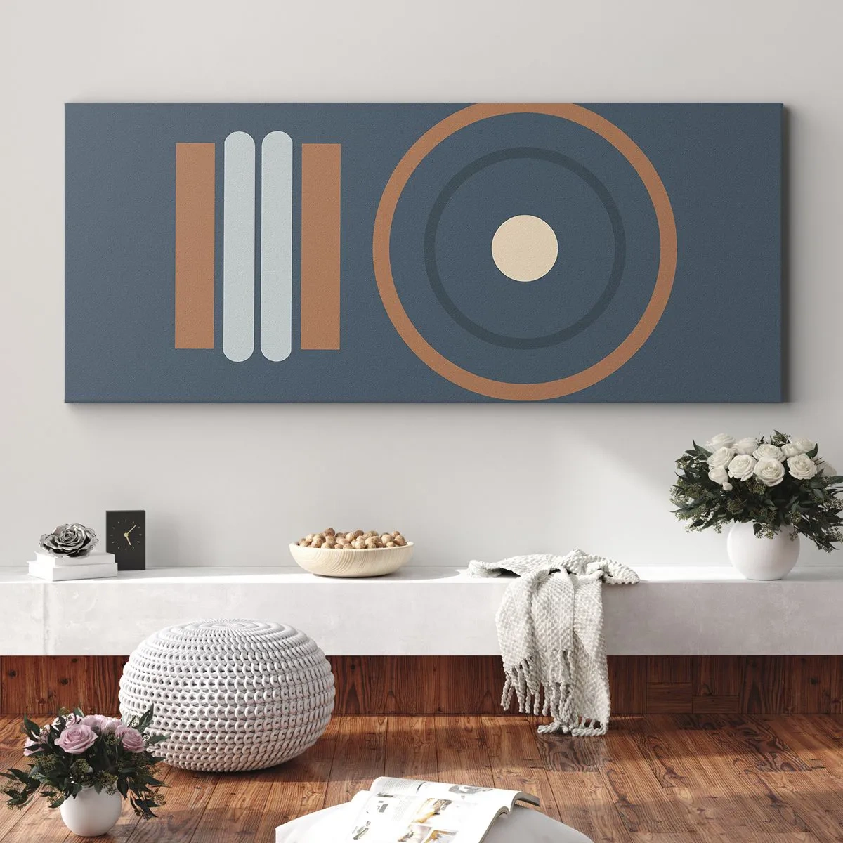 Impression sur toile - Image sur toile - Une composition géométrique avec des cercles et des rectangles aux couleurs sobres. - 120x50cm - Essence des choses - Décoration murale moderne pour le salon et la chambre ARTTOR