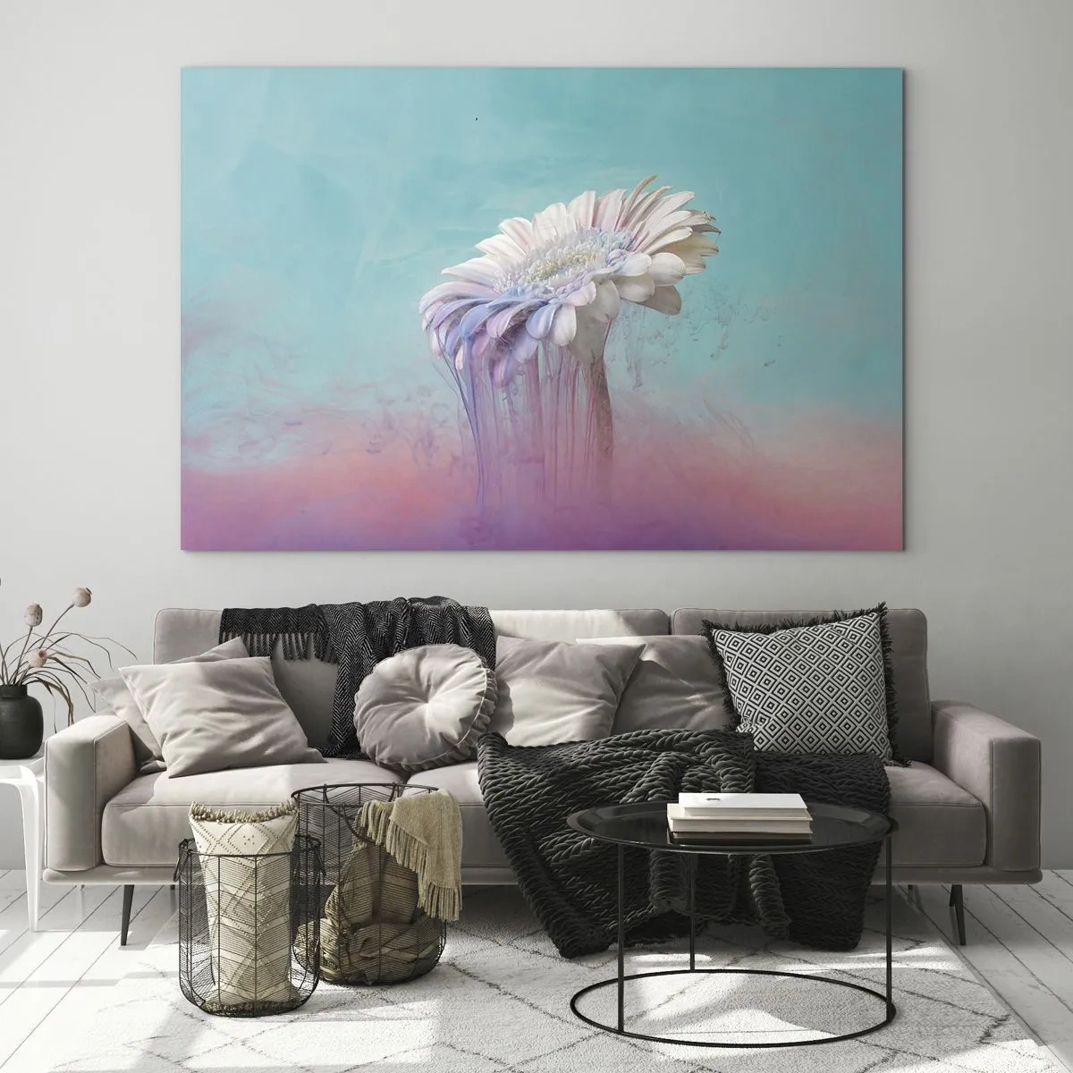 Impression sur verre - Image sur verre - Une fleur délicate plongée dans des tons pastel de bleu et de rose - 100x70cm - Le monde souterrain des fleurs - Décoration murale moderne pour le salon et la chambre ARTTOR