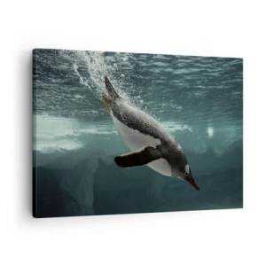 Impression sur toile - Image sur toile - Un pingouin plongeant dans les profondeurs de l'eau glacée - 70x50cm - Bienvenue dans mon monde - Décoration murale moderne pour le salon et la chambre ARTTOR